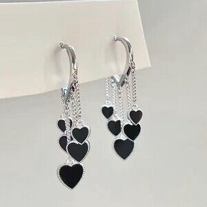 Gold Chain & Black Hearts Tassel Earrings